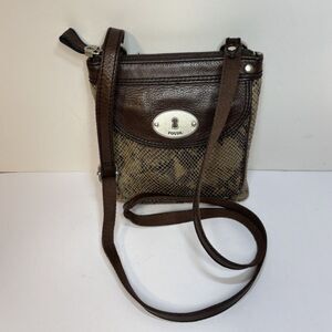Fossil Snake Print Embossed Brown Leather Crossbody Bag Purse Adjustable Stylish